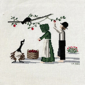 Completed Vintage Cross Stitch Farmers Geese Cat in Tree Amish - Signed LA 2003